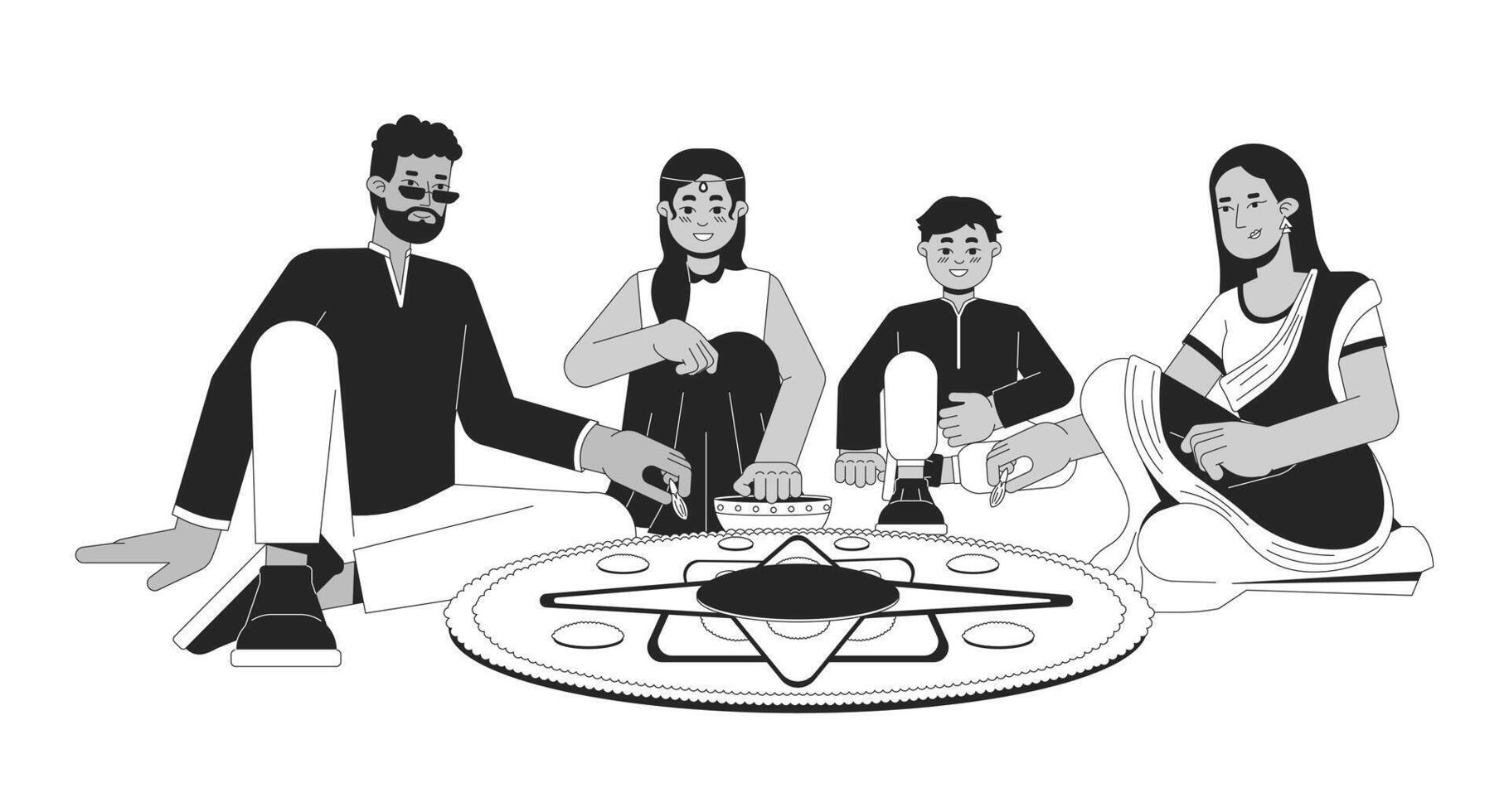 indiano famiglia fabbricazione Diwali rangoli nero e bianca cartone animato piatto illustrazione. contento Sud asiatici a casa 2d Linea artistica personaggi isolato. deepawali celebrazione monocromatico scena vettore schema Immagine