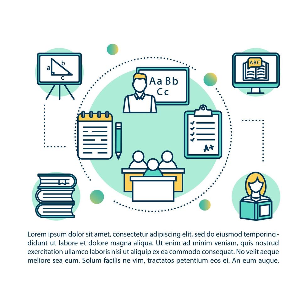 icona del concetto di classe universitaria con testo. studiare e imparare. progetto scolastico. tesine ed esami. modello di vettore della pagina dell'articolo. brochure, rivista, elemento di design per opuscoli con illustrazioni lineari