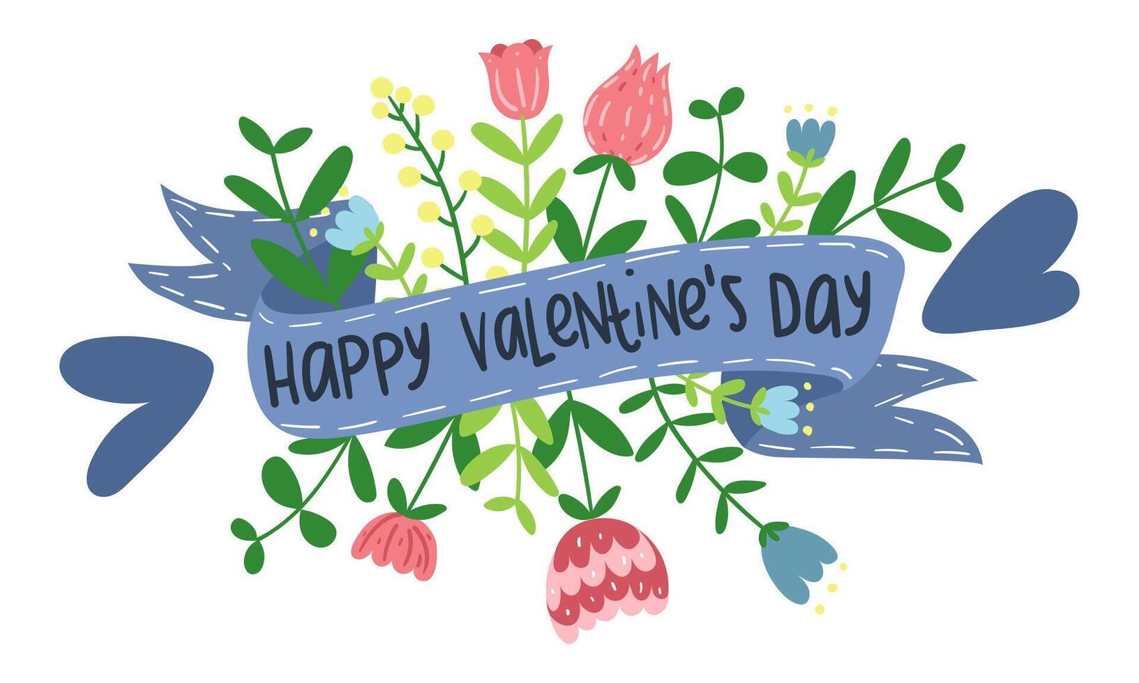 blu nastro con fiori. vettore mazzo con nastro di rosa, giallo, blu fiori evidenziato su un' bianca sfondo. fiori con un' nastro e Congratulazioni su il San Valentino giorno vacanza. cuore
