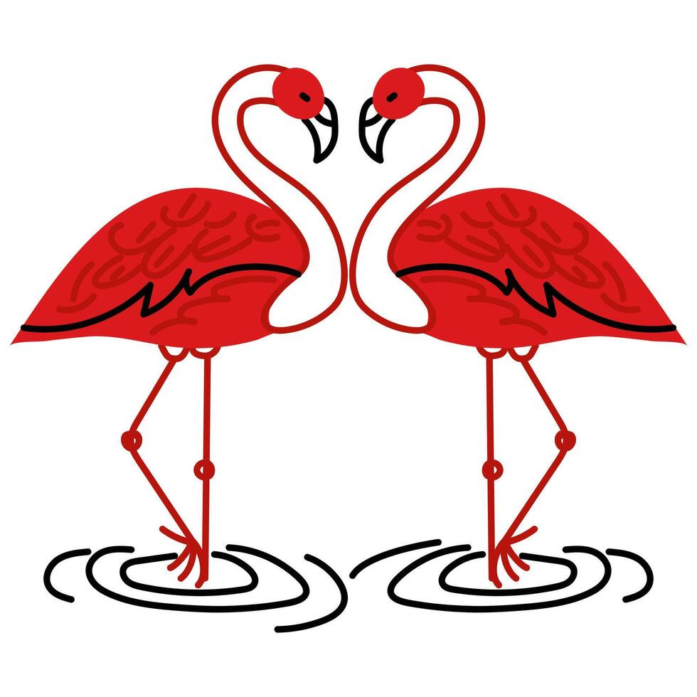 Due fenicotteri di rosso scarabocchio colore siamo piatto. fenicotteri isolato su un' bianca sfondo. tropicale esotico uccelli siamo animali, in piedi su uno gamba, un' cuore. piatto vettore illustrazione nel il modulo di scarabocchi.