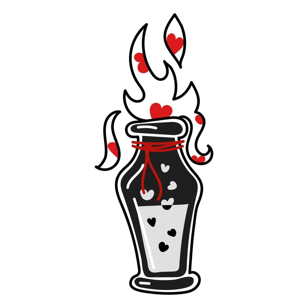 un allungata bottiglia con un' nero amore pozione per San Valentino giorno. isolato vettore illustrazione nel rosso e nero colori. un Aperto bottiglia con spumeggiante liquido e vapore con cuori. contorno Linee