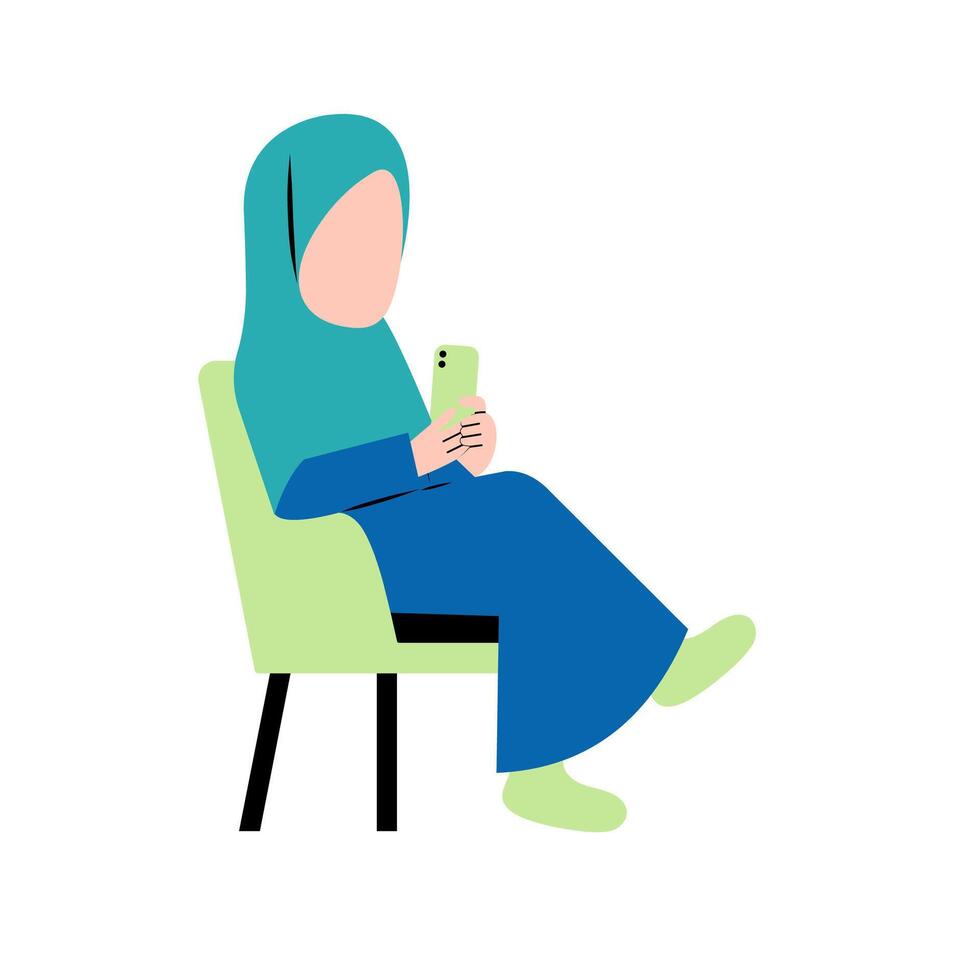 hijab donna giocando smartphone su sedia vettore