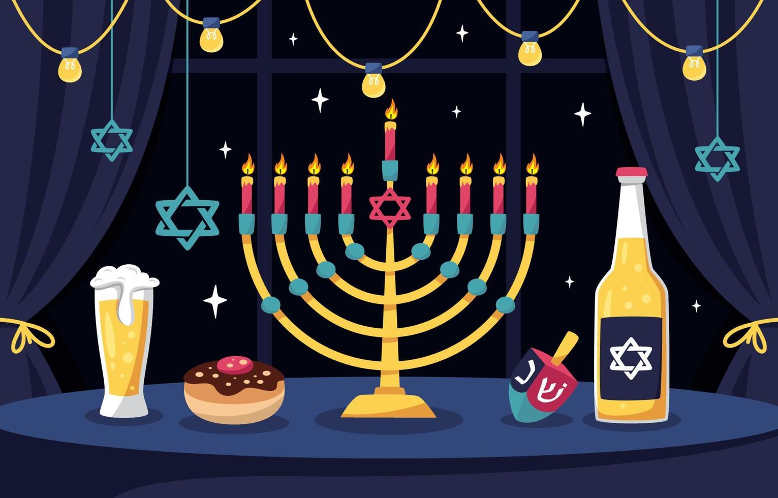 felice concetto di hanukkah con candele accese in menorah vettore