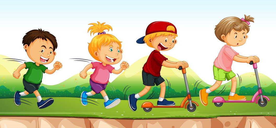 Quattro bambini che corrono e scooting nel parco vettore