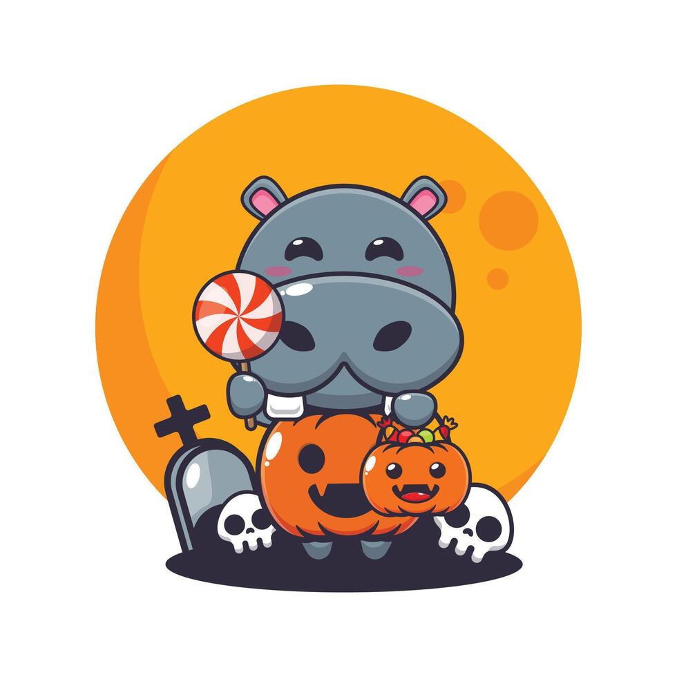 ippopotamo con Halloween zucca costume. carino Halloween cartone animato illustrazione. vettore