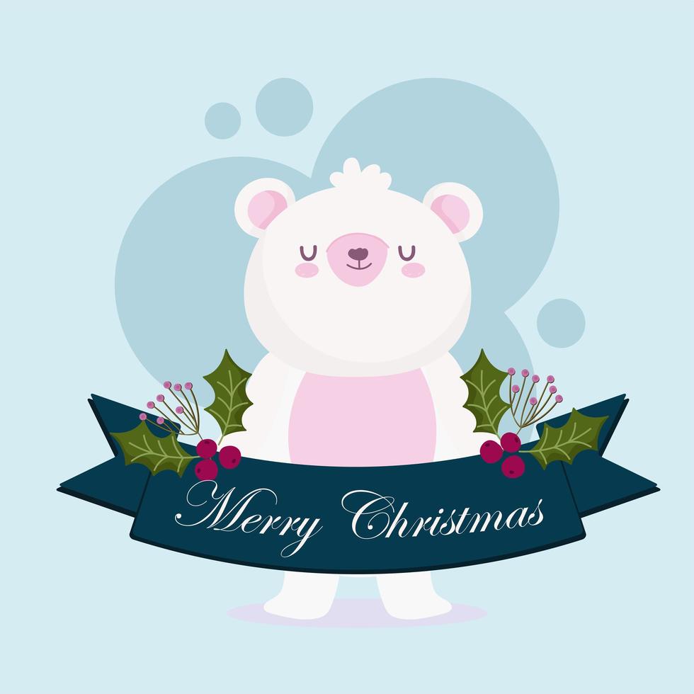 buon natale, simpatico orso polare animale nastro agrifoglio berry card vettore