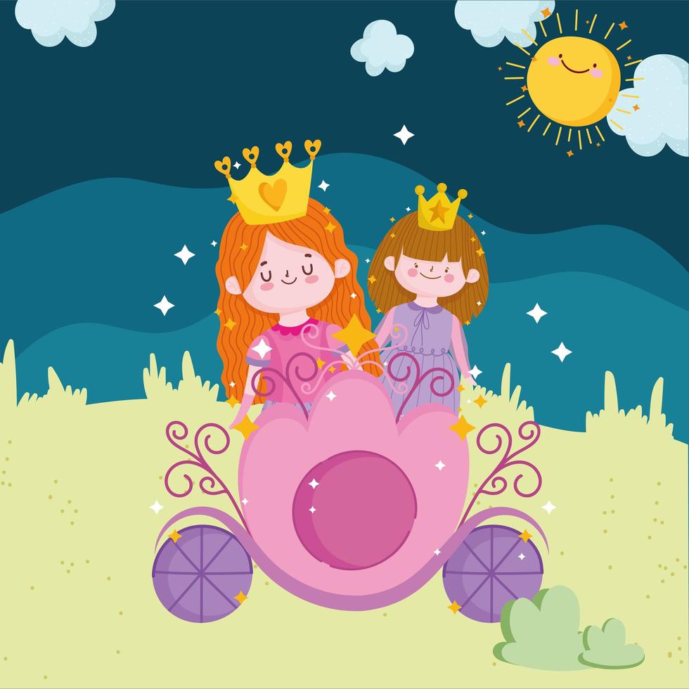 fiaba di principesse con corona su carrozza cartone animato vettore