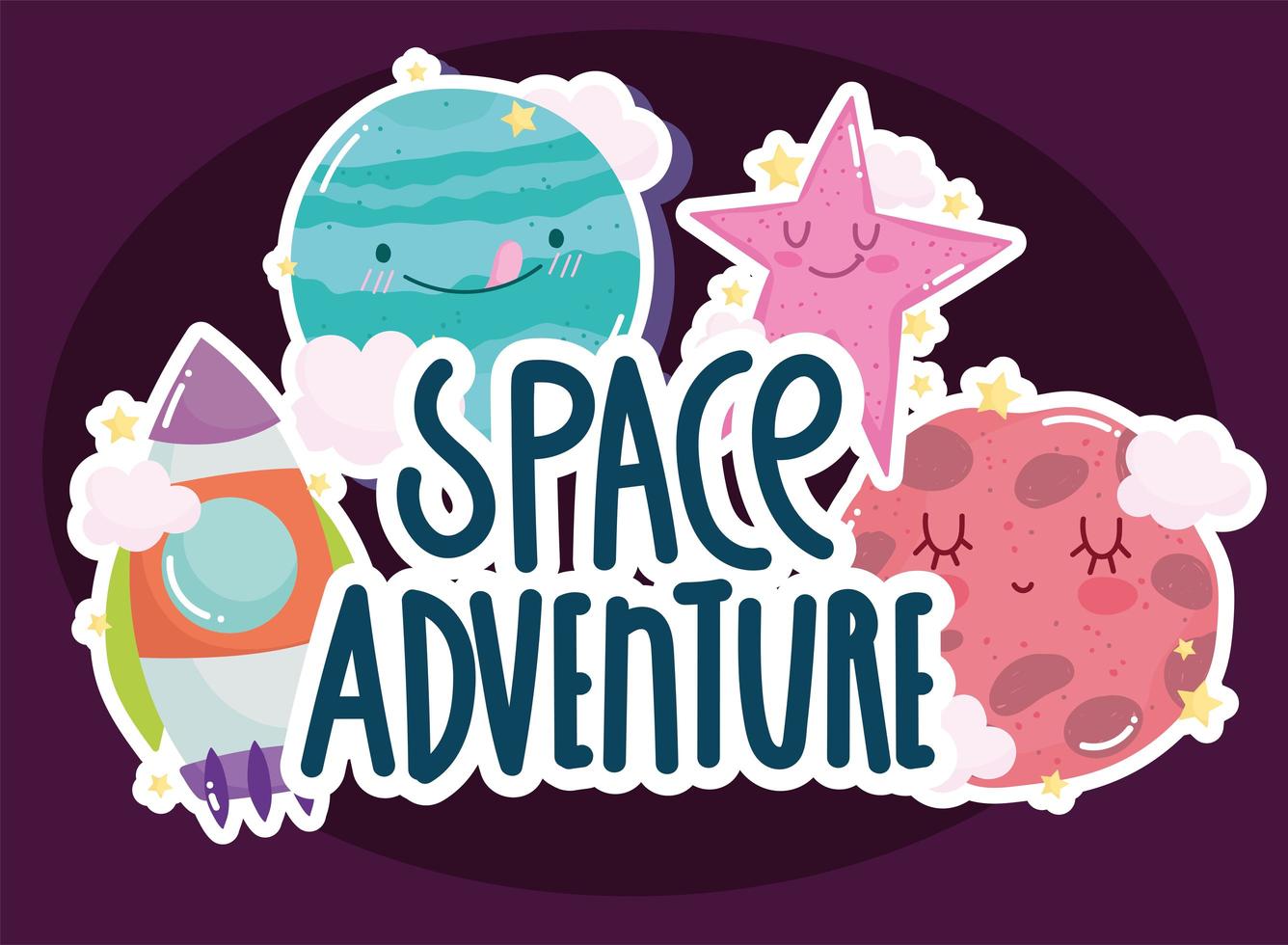avventura spaziale astronave stella e pianeti carino cartone animato vettore