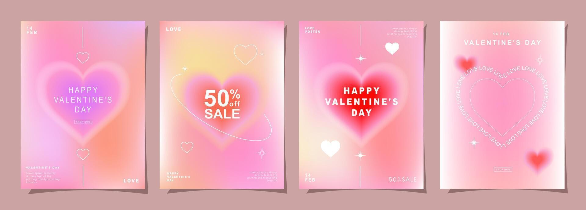 impostato di moderno design modelli per san valentino giorno, amore carta, striscione, manifesto, coperchio, invito. di moda minimalista estetico con gradienti e tipografia, y2k sfondi. vettore illustrazione.