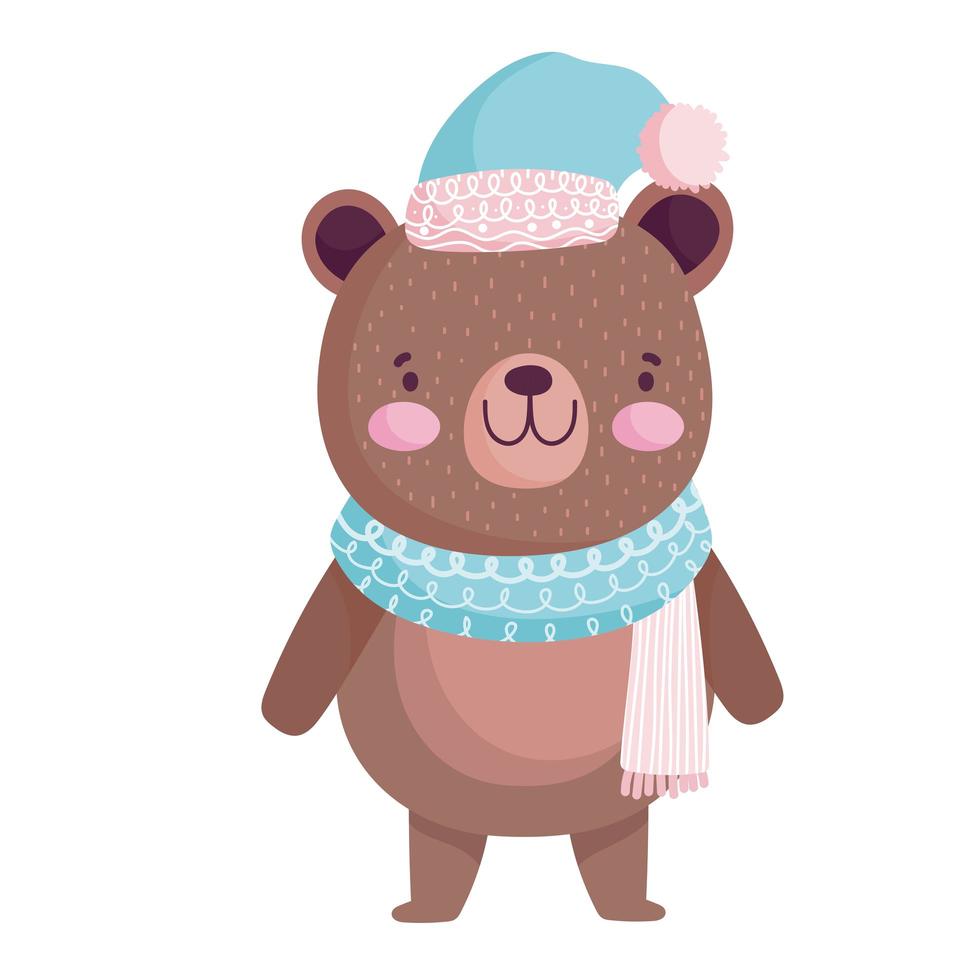 buon natale, simpatico orso con cappello e sciarpa celebrazione icona isolamento vettore