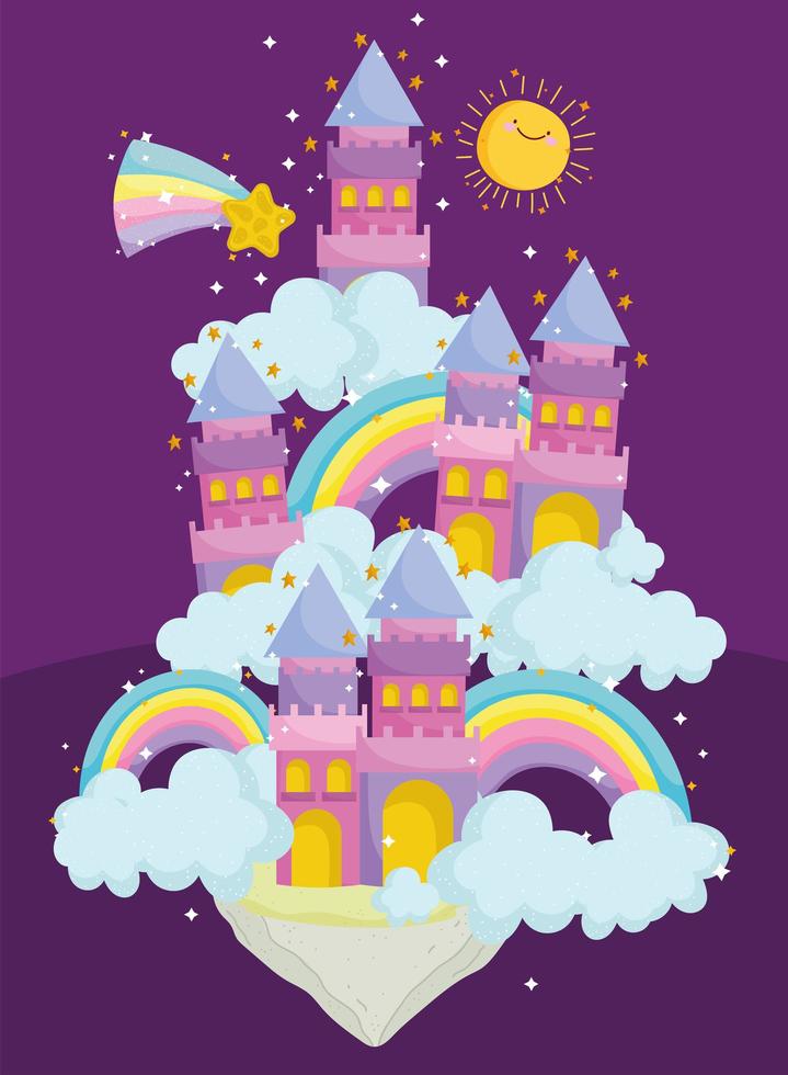 castelli di cartone animato racconto principessa con arcobaleni nuvole fantasia vettore