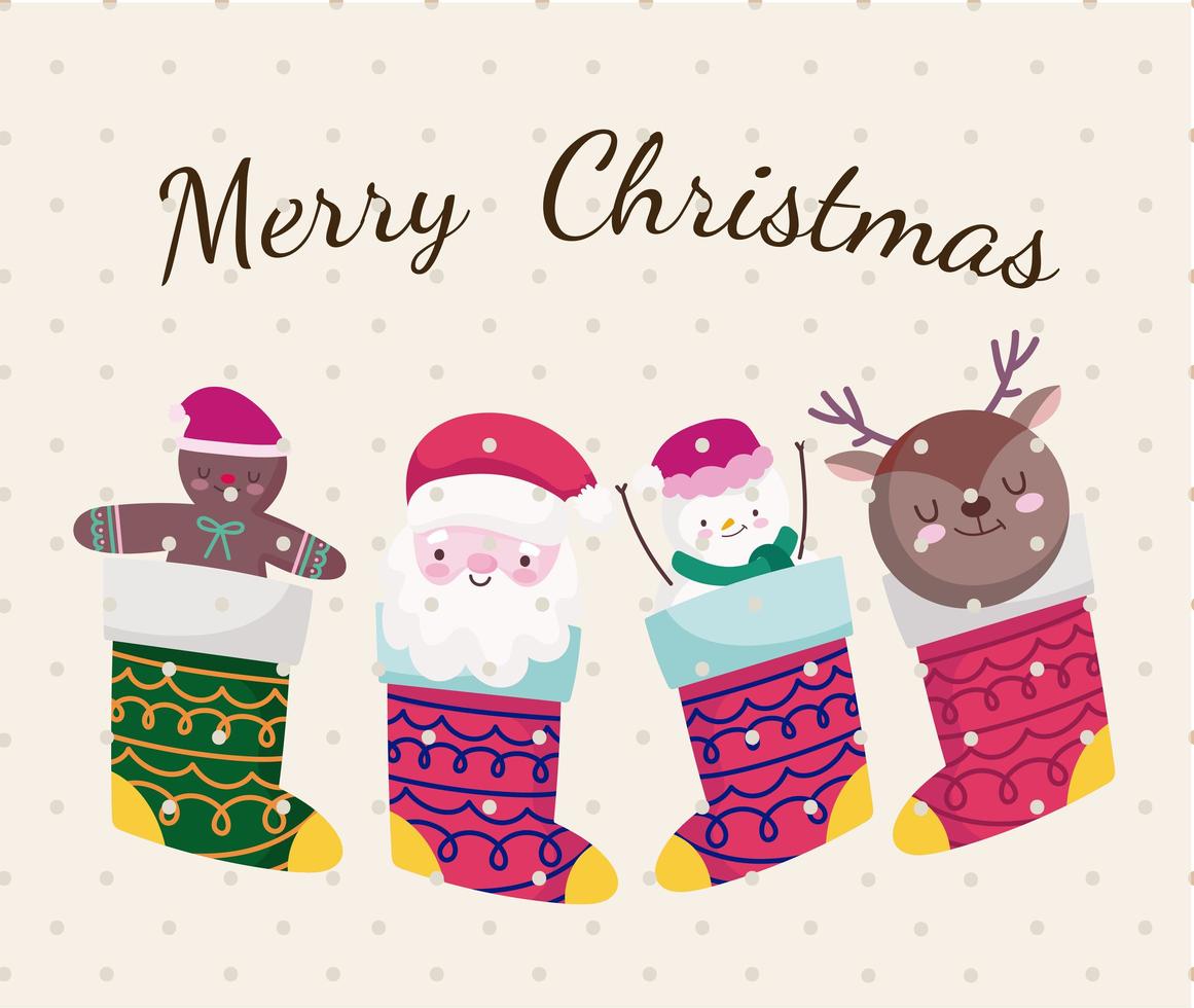 calzini decorativi di buon natale con Babbo Natale omino di pan di zenzero e pupazzo di neve vettore