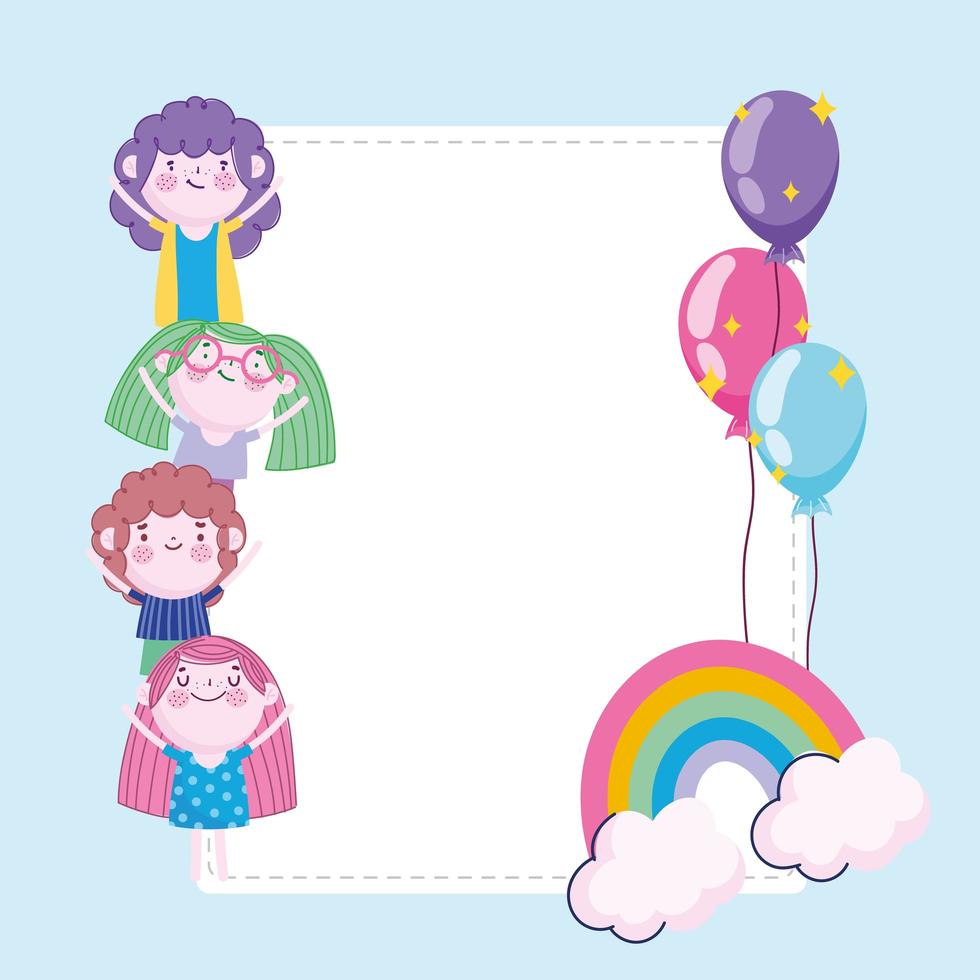 carta di palloncini arcobaleno di cartoni animati per bambini e bambine, bambini vettore