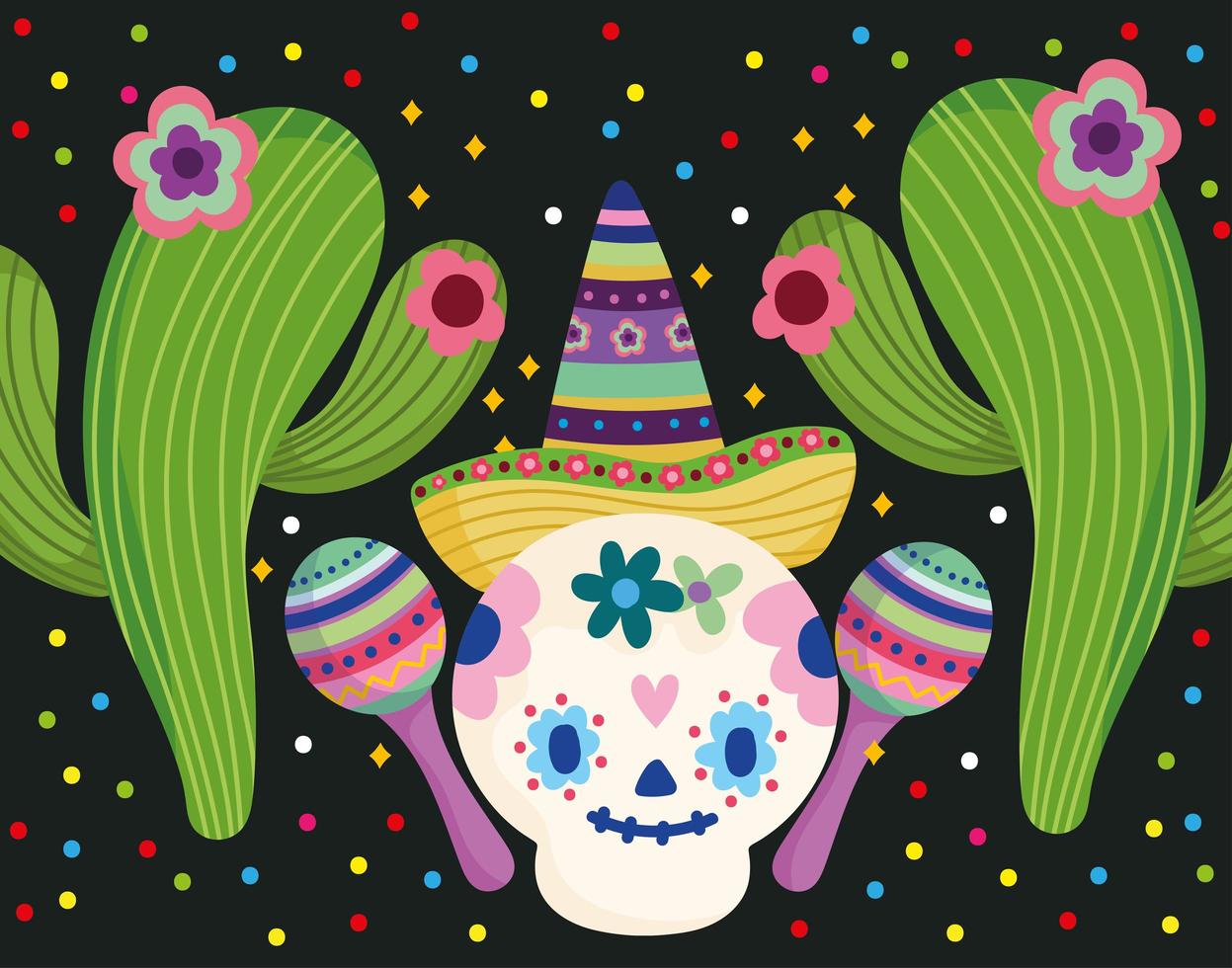 Messico giorno dei morti teschio con cappello fiori cactus e maraca cultura festiva tradizionale vettore