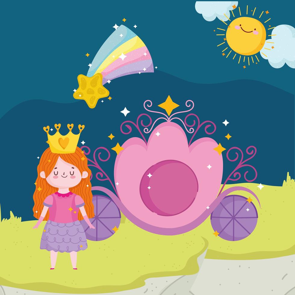 principessa racconto ragazza cartone animato con carrozza corona stella cadente sky vettore