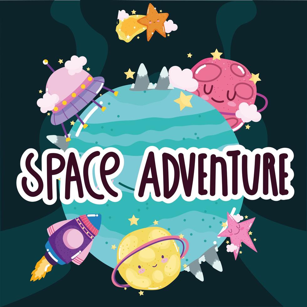 avventura spaziale astronave pianeta ufo superficie stella esplorare simpatico cartone animato vettore