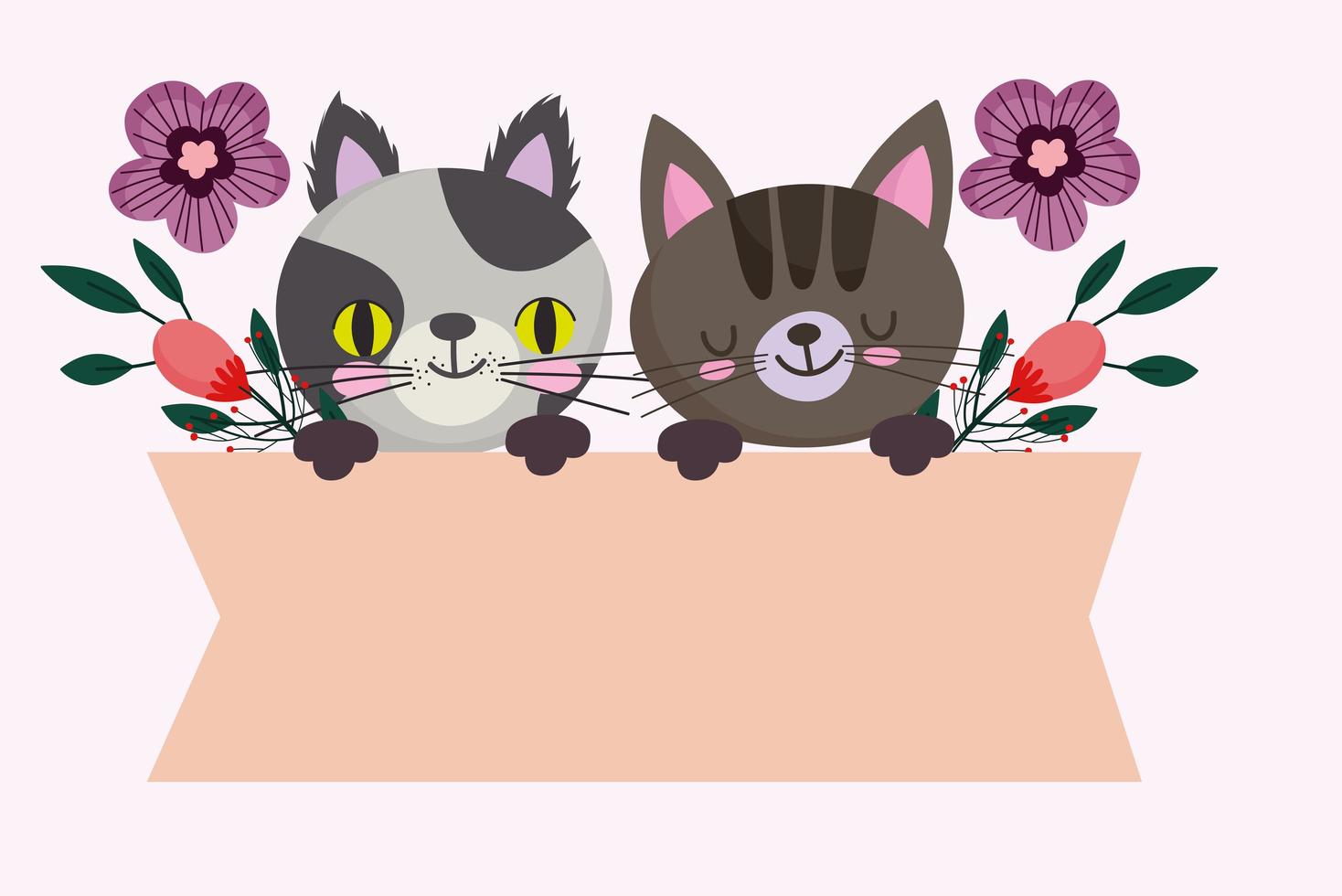 simpatici gatti animale felino con banner di fiori, cartone animato per animali domestici vettore