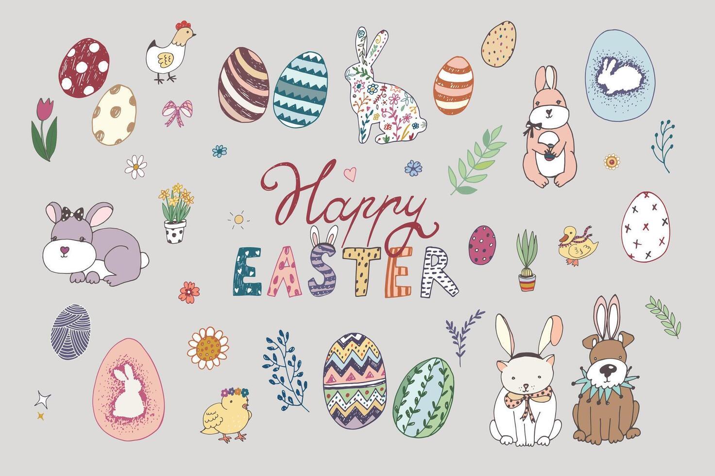 Pasqua uova, conigli, pollo, fiori primavera vettore illustrazioni impostare.
