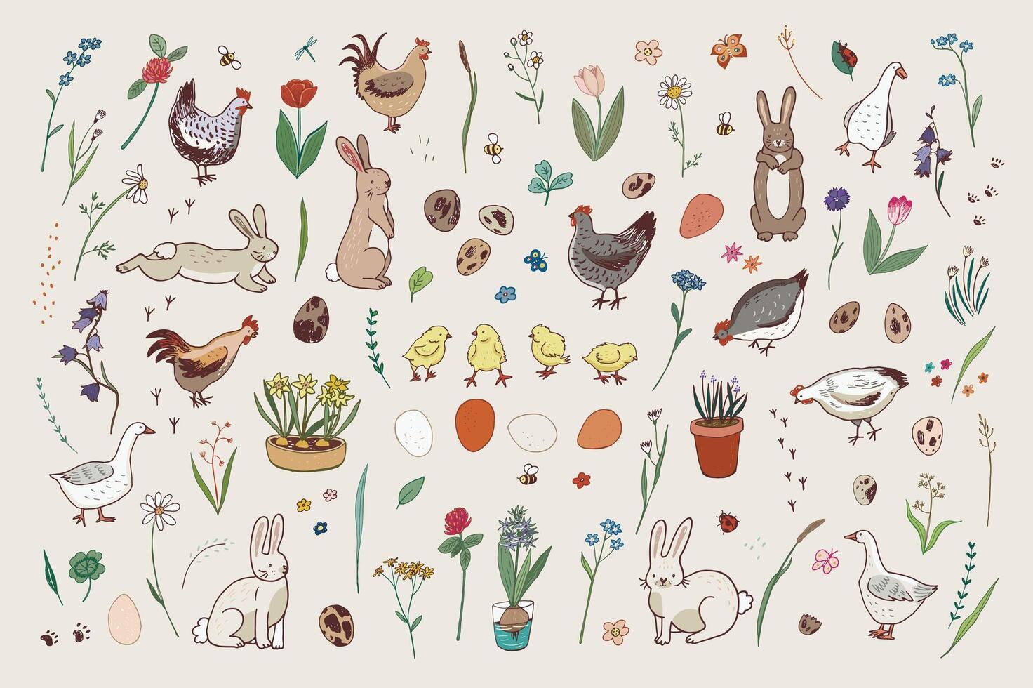 Pasqua uova, conigli, pollo, fiori primavera vettore illustrazioni impostare.