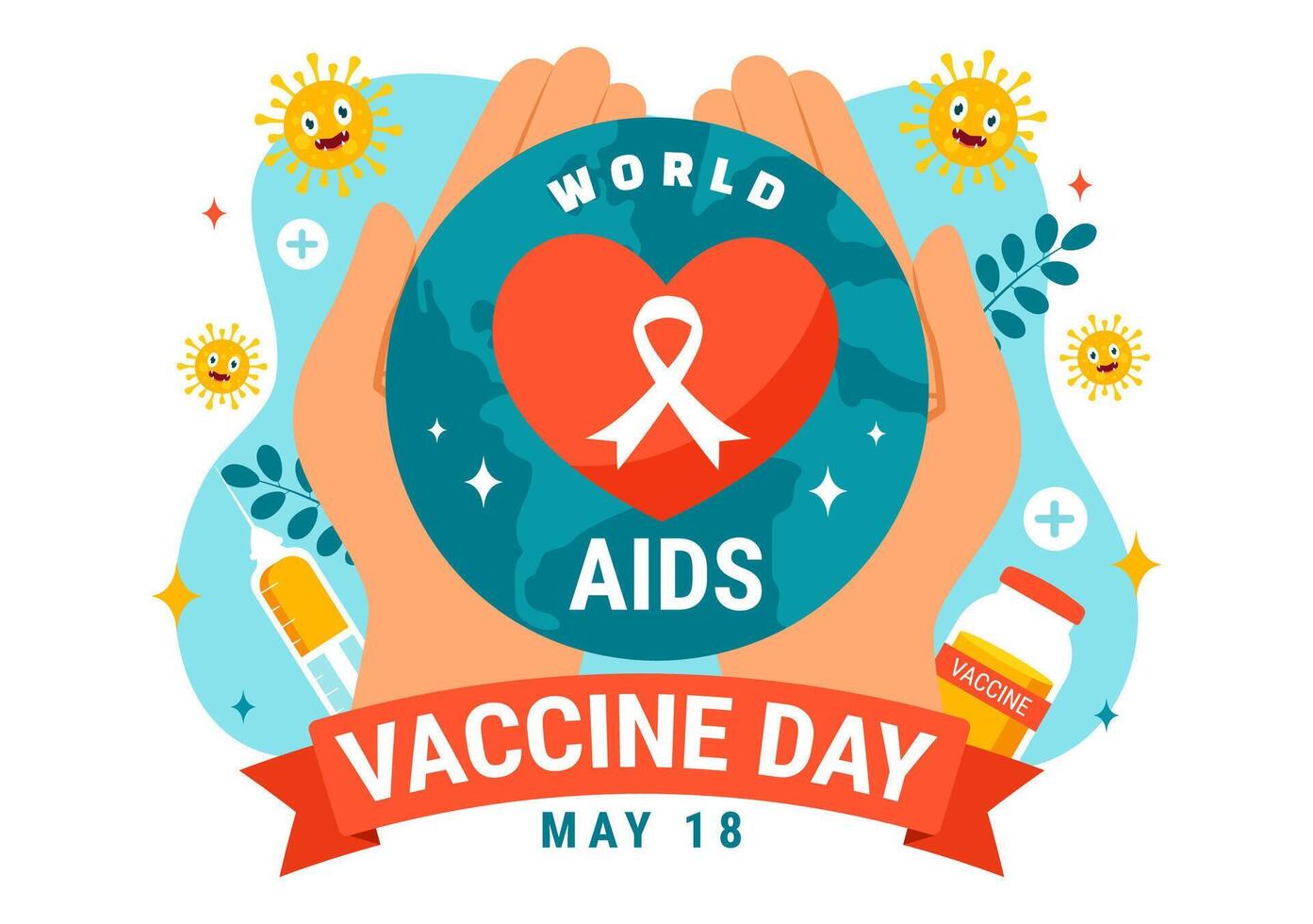 mondo AIDS vaccino giorno vettore illustrazione su 18 Maggio con iniezione per prevenzione e consapevolezza Salute cura nel piatto cartone animato sfondo design