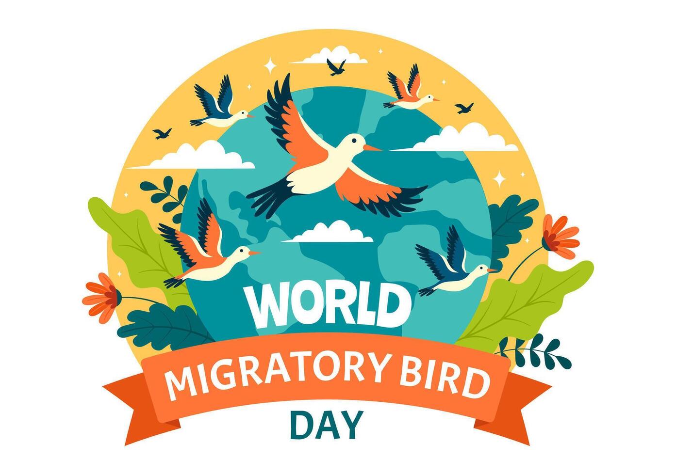 mondo migratorio uccello giorno vettore illustrazione con uccelli migrazioni gruppi e loro habitat per vivente acquatico ecosistemi nel piatto cartone animato sfondo