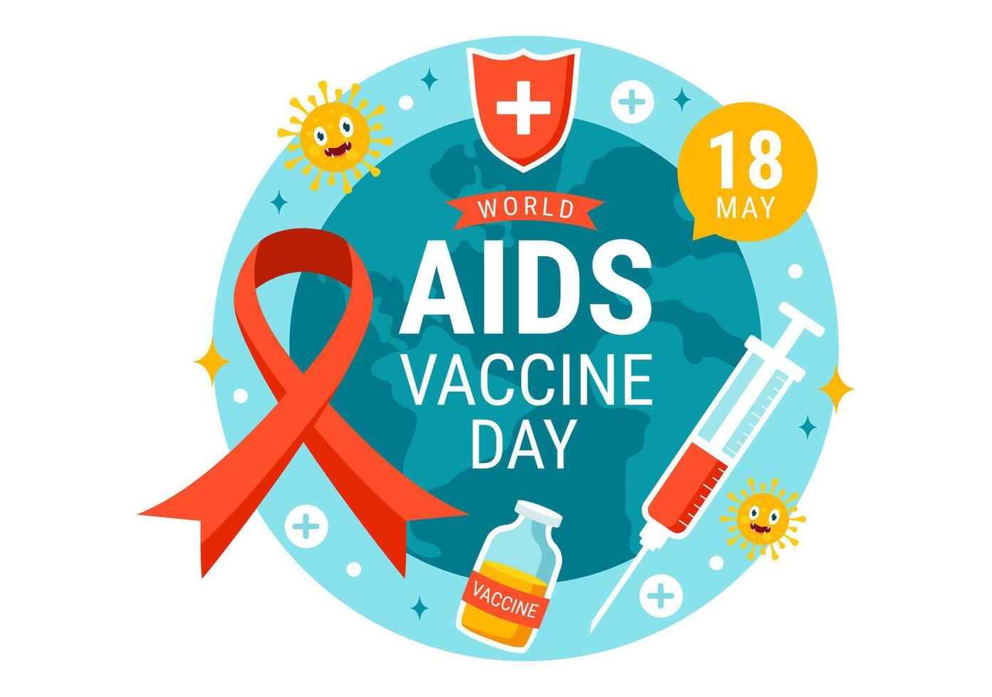 mondo AIDS vaccino giorno vettore illustrazione su 18 Maggio con iniezione per prevenzione e consapevolezza Salute cura nel piatto cartone animato sfondo design