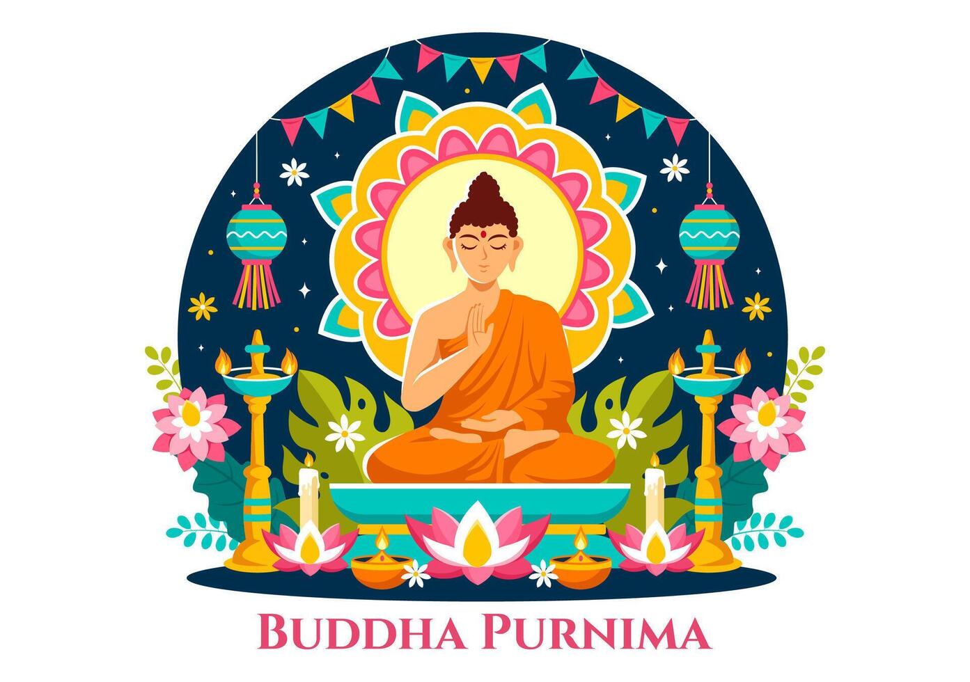 contento Budda purnima vettore illustrazione di Vesak giorno o indiano Festival per spirituale con nel un' in profondità meditazione nel piatto cartone animato sfondo