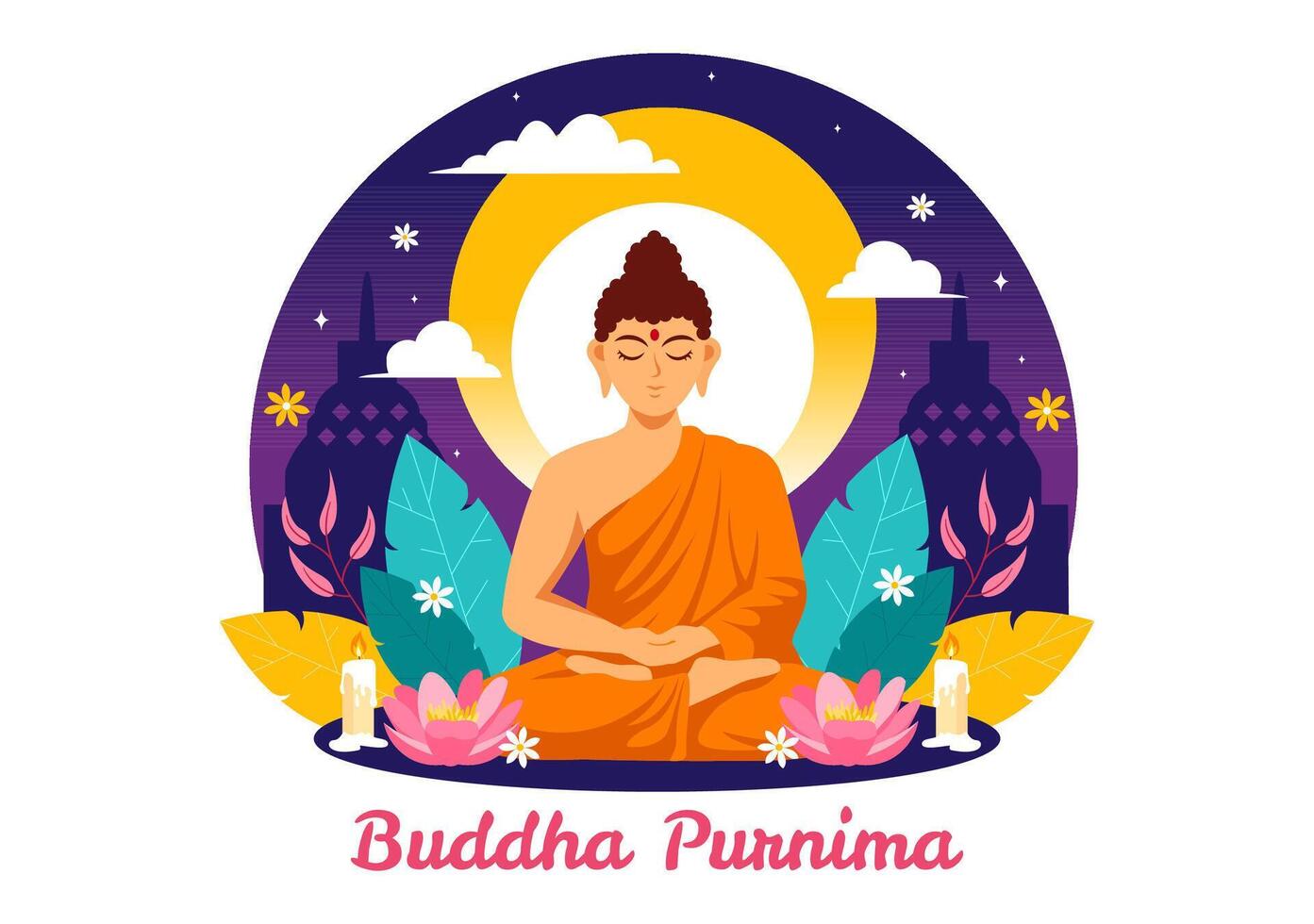 contento Budda purnima vettore illustrazione di Vesak giorno o indiano Festival per spirituale con nel un' in profondità meditazione nel piatto cartone animato sfondo