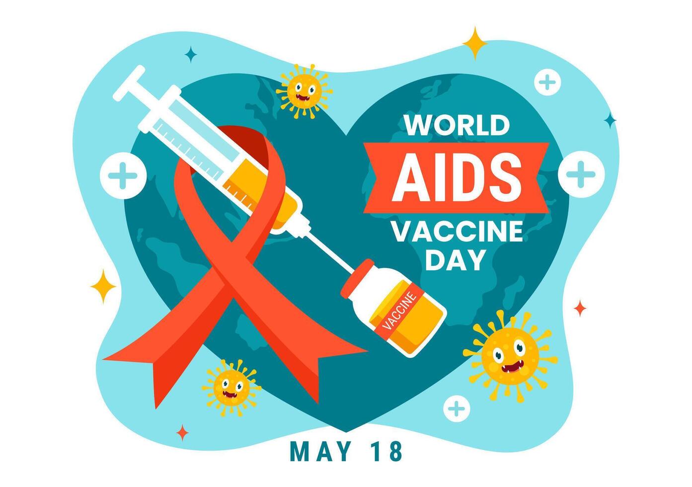 mondo AIDS vaccino giorno vettore illustrazione su 18 Maggio con iniezione per prevenzione e consapevolezza Salute cura nel piatto cartone animato sfondo design