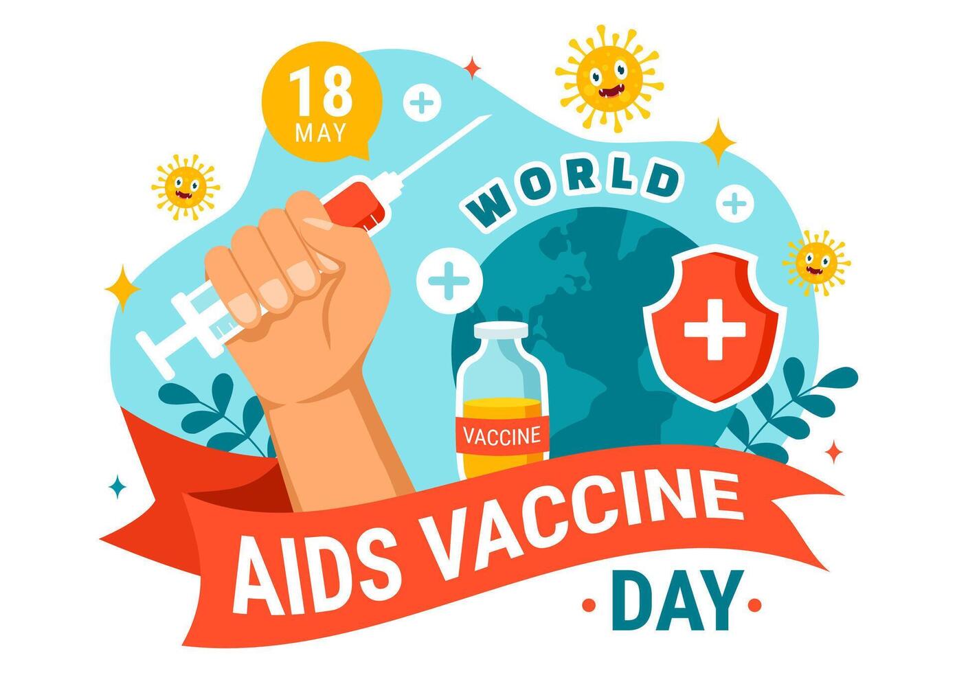 mondo AIDS vaccino giorno vettore illustrazione su 18 Maggio con iniezione per prevenzione e consapevolezza Salute cura nel piatto cartone animato sfondo design