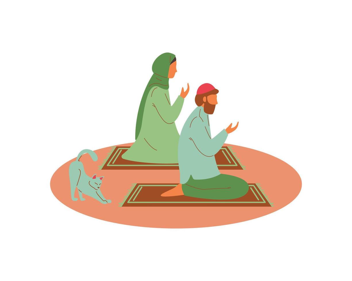 arabo donna e uomo pregare per Dio mentre un' gatto strach suo corpo dietro. animale promuovere e adozione concetto design illustrazione vettore