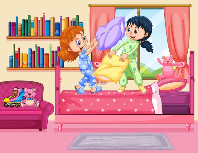 Due ragazze combattono il cuscino nella camera da letto vettore