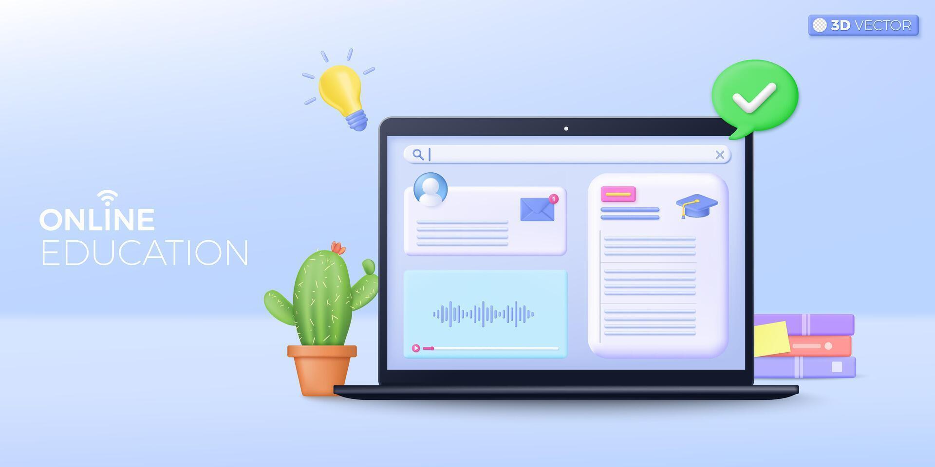 3d in linea formazione scolastica icona simbolo. notaok computer, pile di prenotare, cactus, discorso bolla, in linea corso applicazione, e-learning concetto. 3d vettore isolato illustrazione, cartone animato pastello minimo stile.
