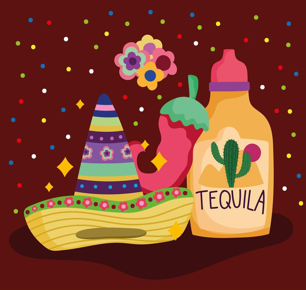 Messico tequila cappello peperoncino fiori cultura tradizionale vettore