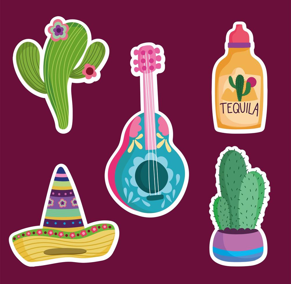 messico cultura tradizionale set di icone chitarra cactus cappello e tequila vettore
