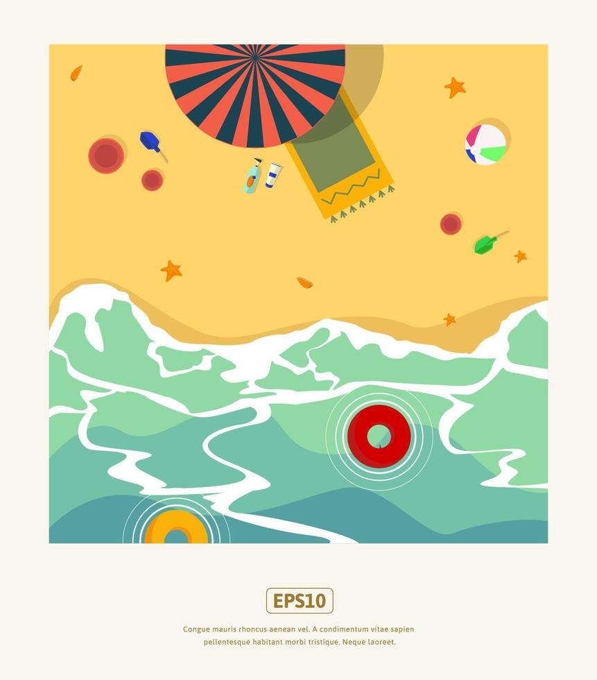 illustrazione piatta estiva, fronte mare con ombrelloni e attrezzatura da spiaggia vettore
