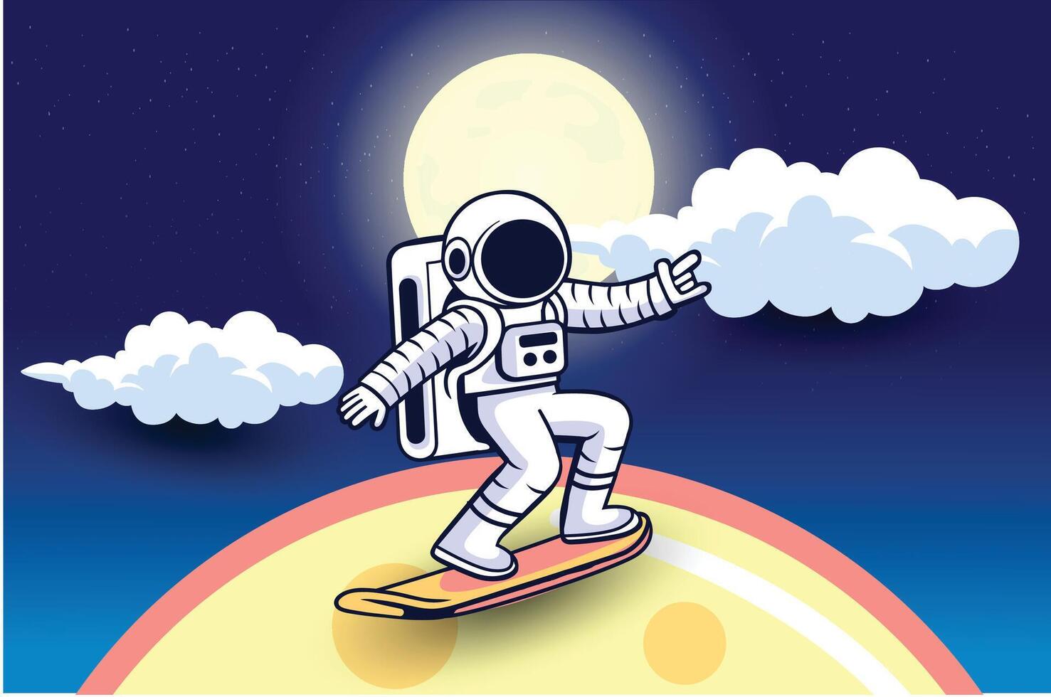 carino astronauta fare surf su pianeti cartone animato vettore icona illustrazione. scienza cibo icona concetto isolato premio vettore. piatto cartone animato stile