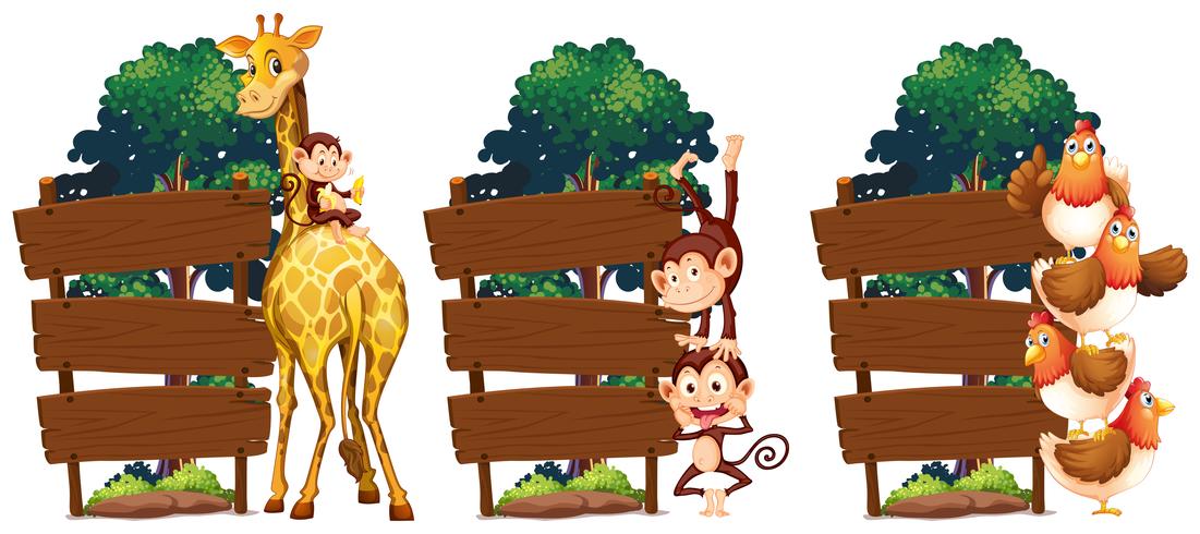 Modello di cartello in legno con giraffa e scimmia vettore