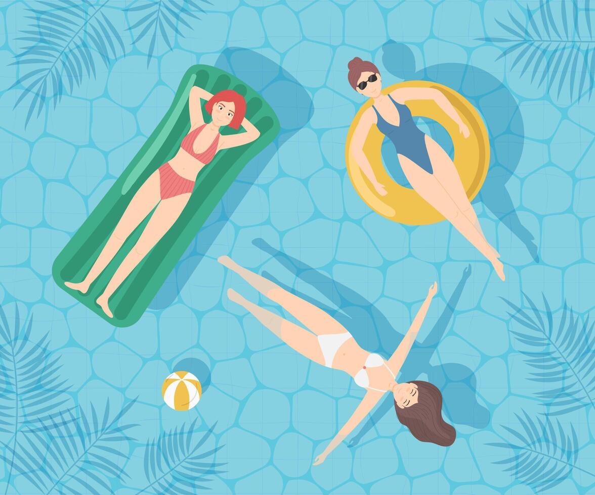 cartone animato colore personaggi donne nuoto nel piscina concetto. vettore