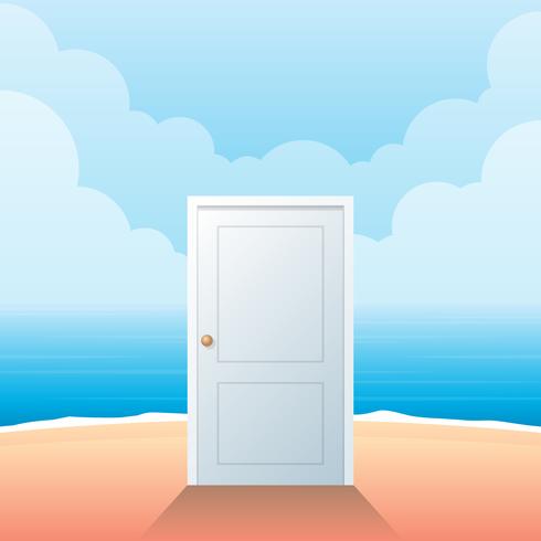 Porta di ingresso bianca chiusa sull&#39;illustrazione di vettore della spiaggia