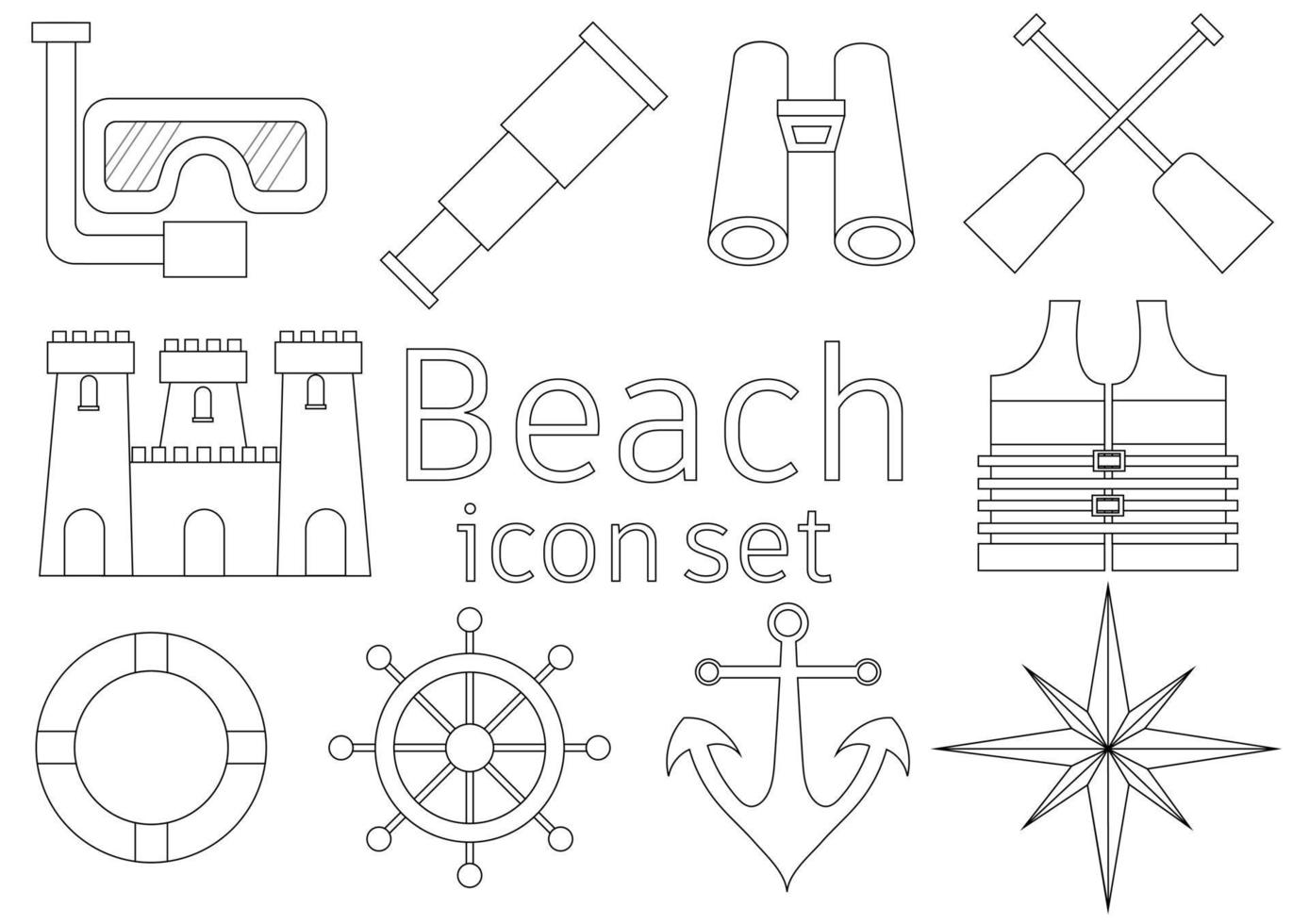 set di icone di contorno sul mare o sulla spiaggia vettore