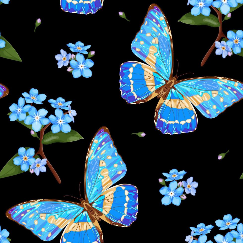 fiori e farfalle del nontiscordardime. motivo floreale senza soluzione di continuità con farfalla blu neon e fiori del nontiscordardime, myosotis su sfondo nero. illustrazione vettoriale d'archivio.