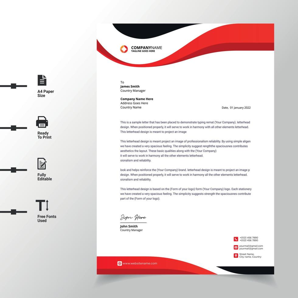 modello di carta intestata aziendale astratta carta intestata a4 moderna rossa completamente stampata pronta e personalizzabile vettore