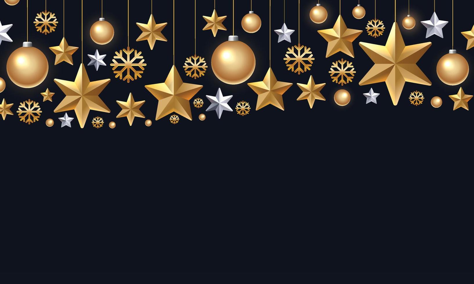 scintillanti fiocchi di neve dorati, palle di natale e stelle su sfondo nero. vettore 3d illustrazione di incandescente appeso ornamento di Natale. modello di copertina o banner di capodanno. decorazione per le vacanze invernali.