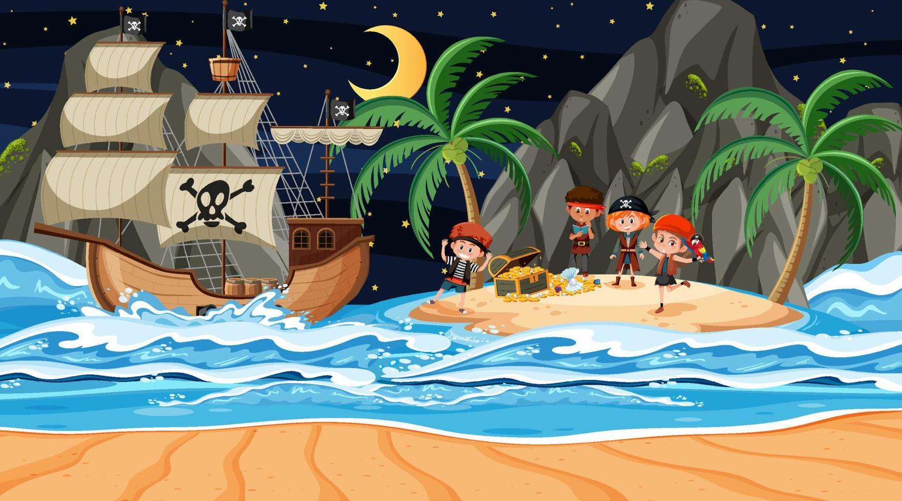 scena dell'isola del tesoro di notte con bambini pirata vettore