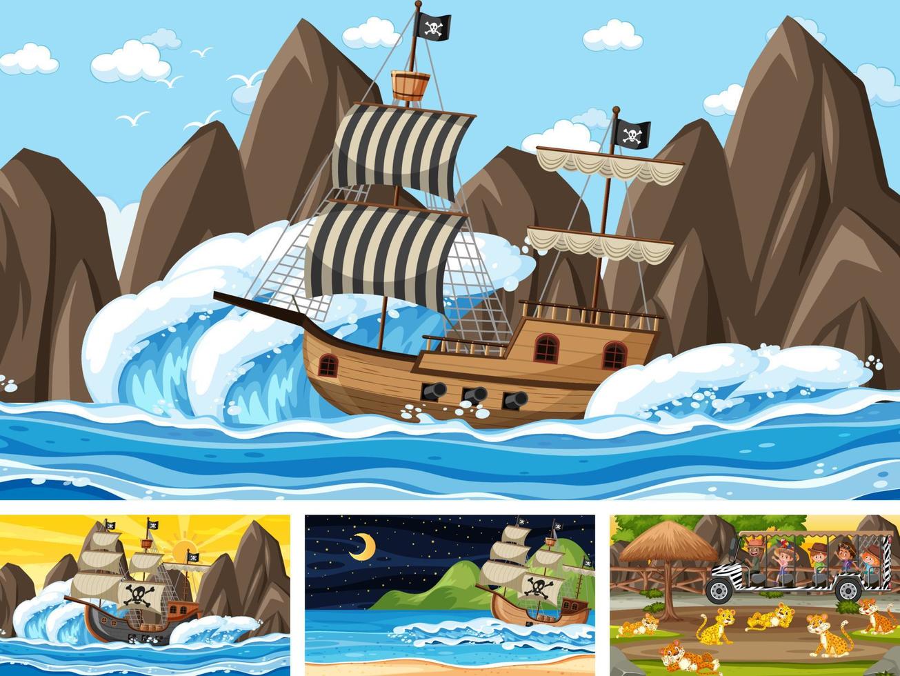 set di scene diverse con nave pirata al mare e animali nello zoo vettore