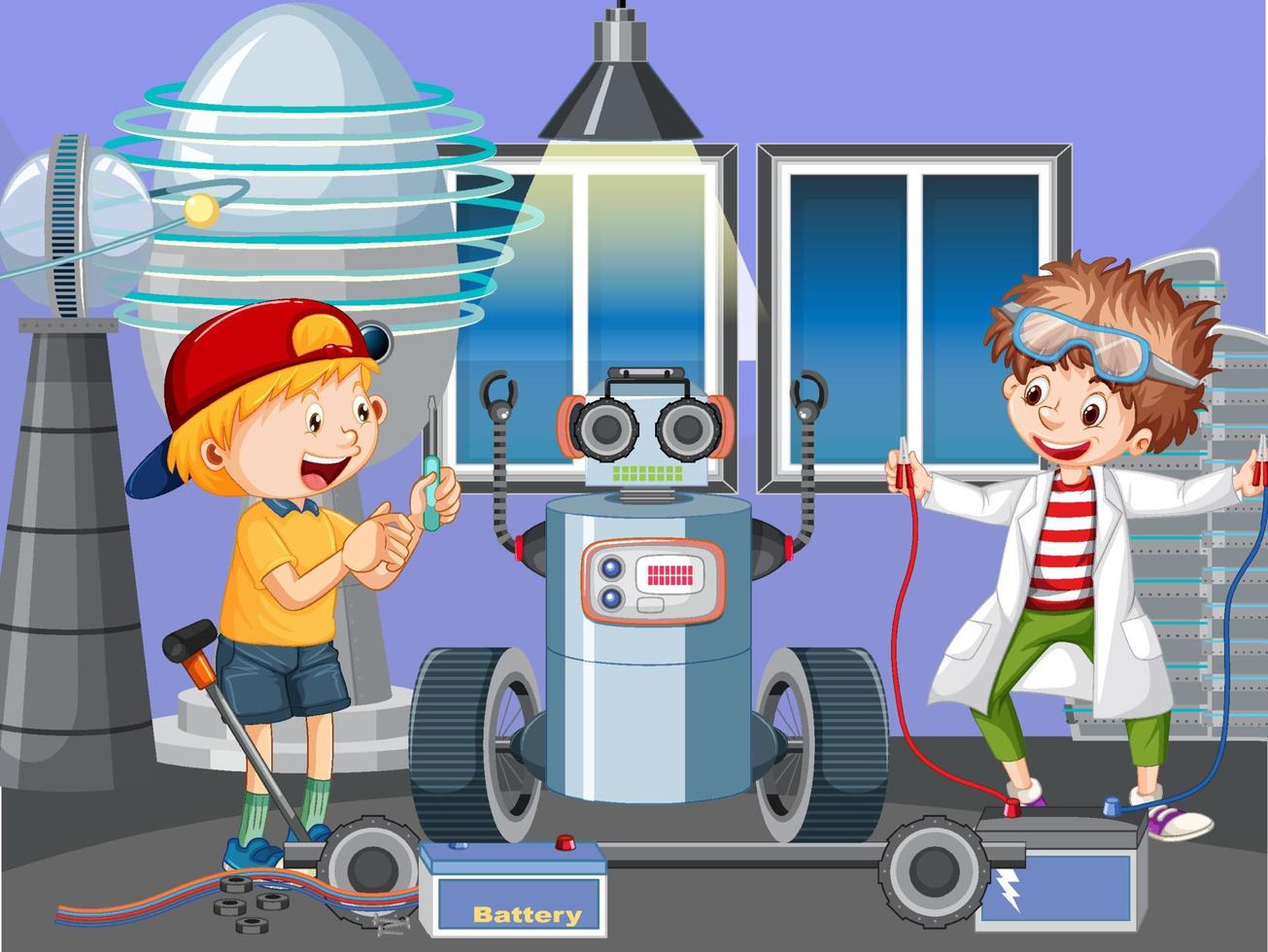 scena con bambini che costruiscono robot insieme vettore