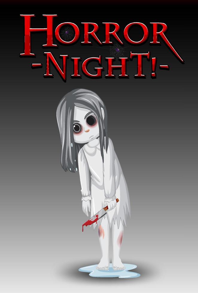 logo horror night con bambina fantasma con occhi neri vettore