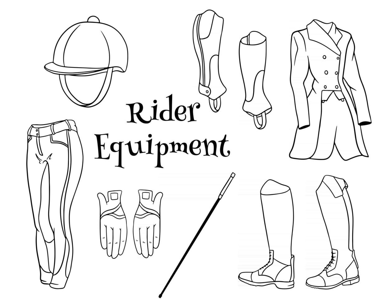 vestito pilota un set di vestiti per un fantino stivali pedjak pantaloni frusta casco in stile linea libri da colorare. vettore