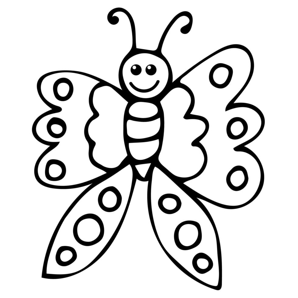 linea sottile doodle farfalla, cartone animato felice bug isolato su sfondo bianco. vettore